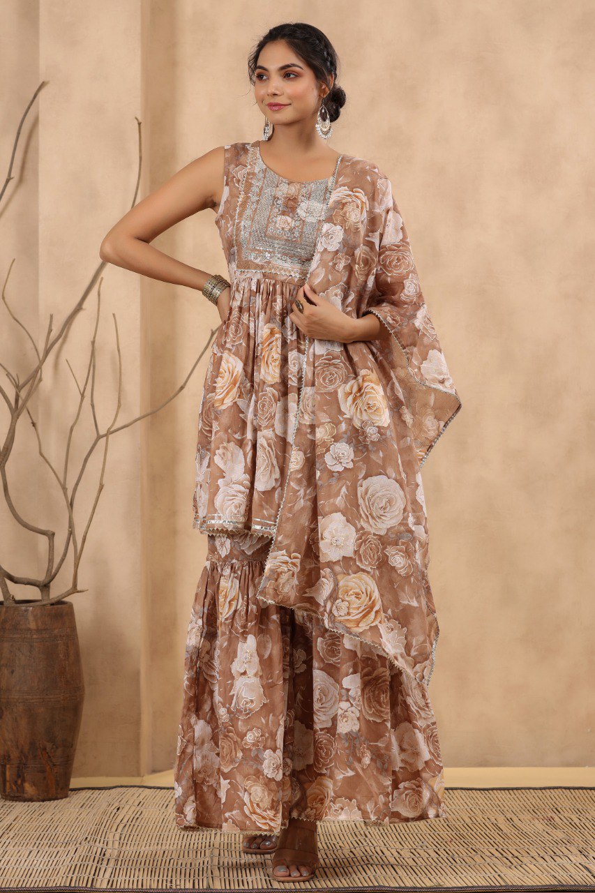 Brown cotton mulmul sharara set