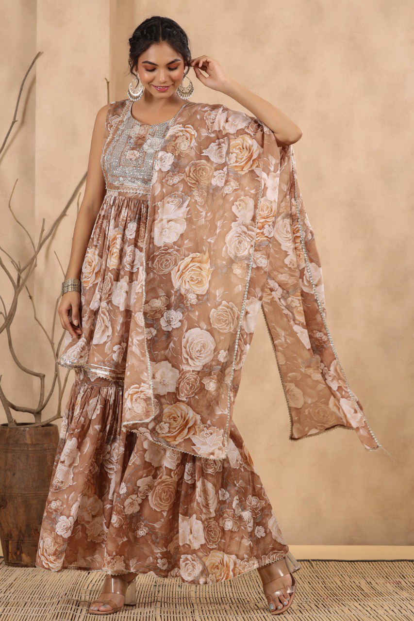 Brown cotton mulmul sharara set