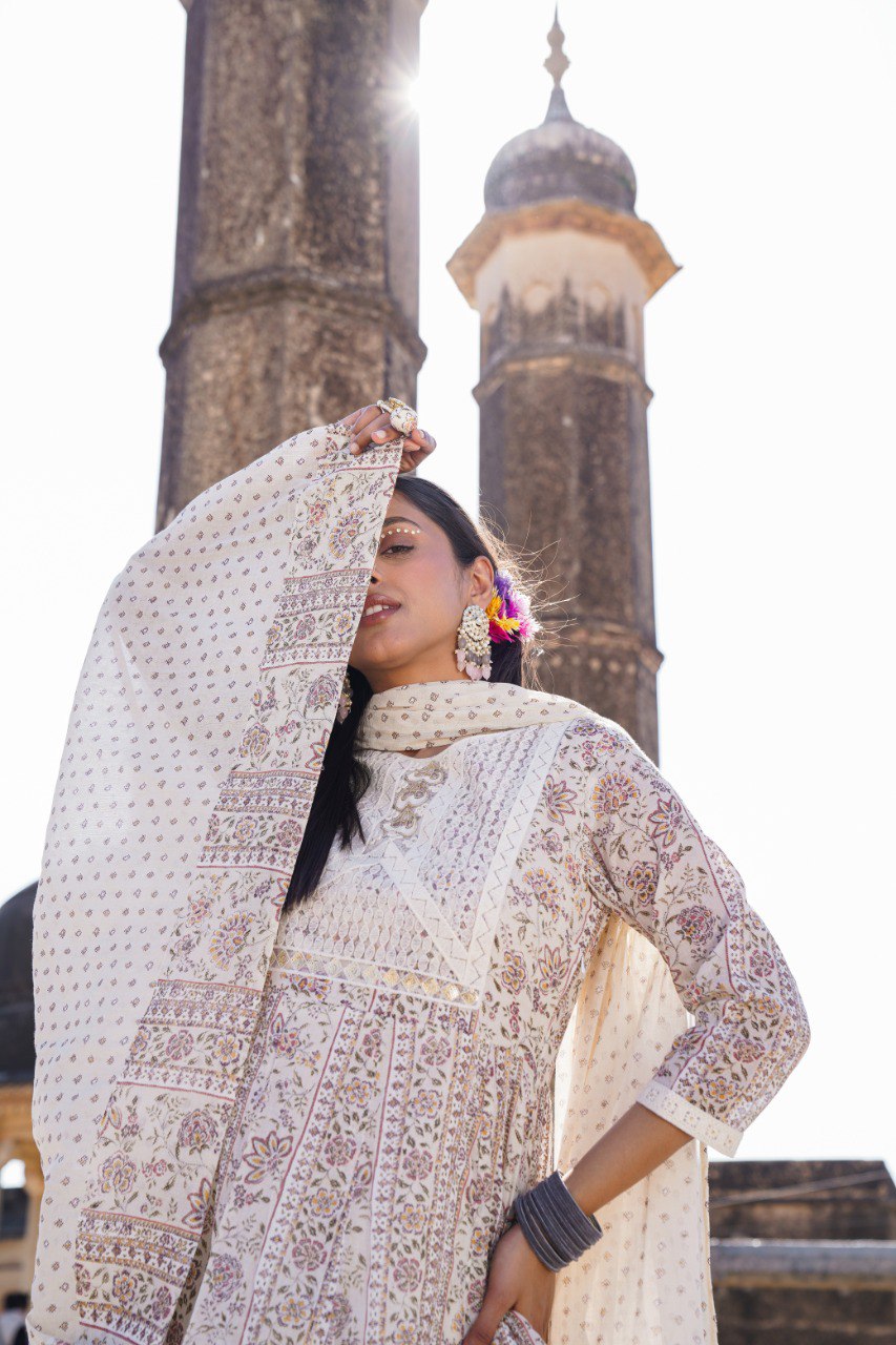Beige Printed Cotton Sharara Set