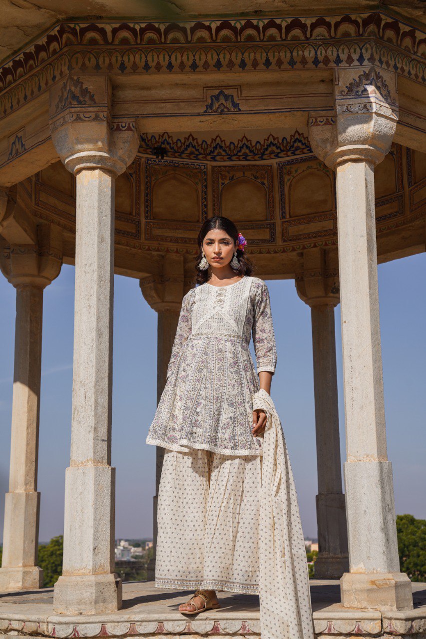 Beige Printed Cotton Sharara Set