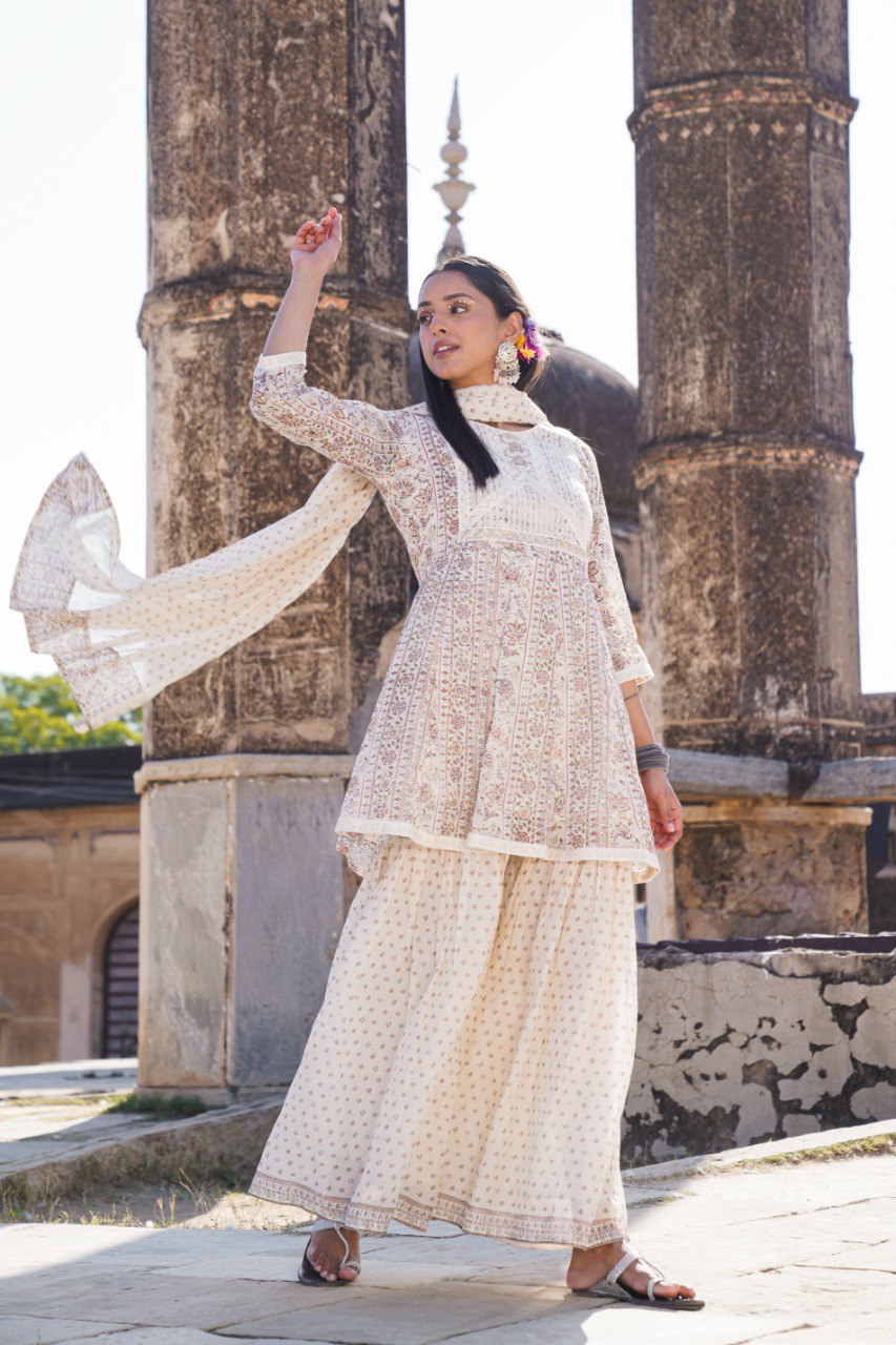 Beige Printed Cotton Sharara Set