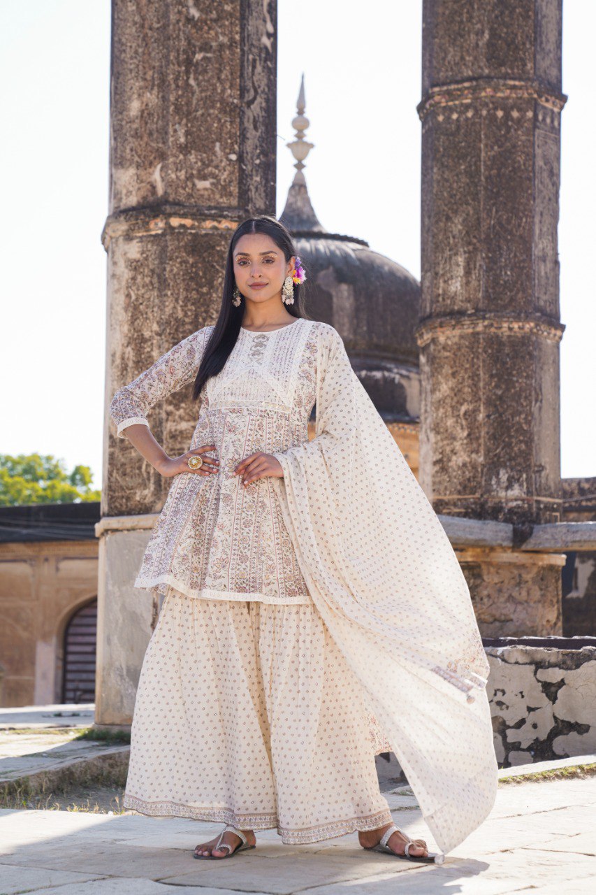 Beige Printed Cotton Sharara Set