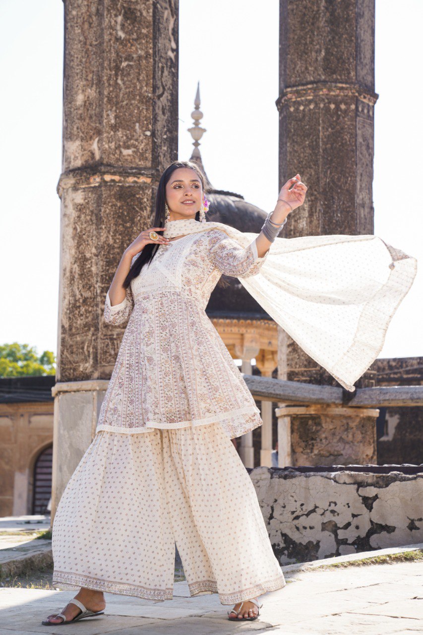 Beige Printed Cotton Sharara Set
