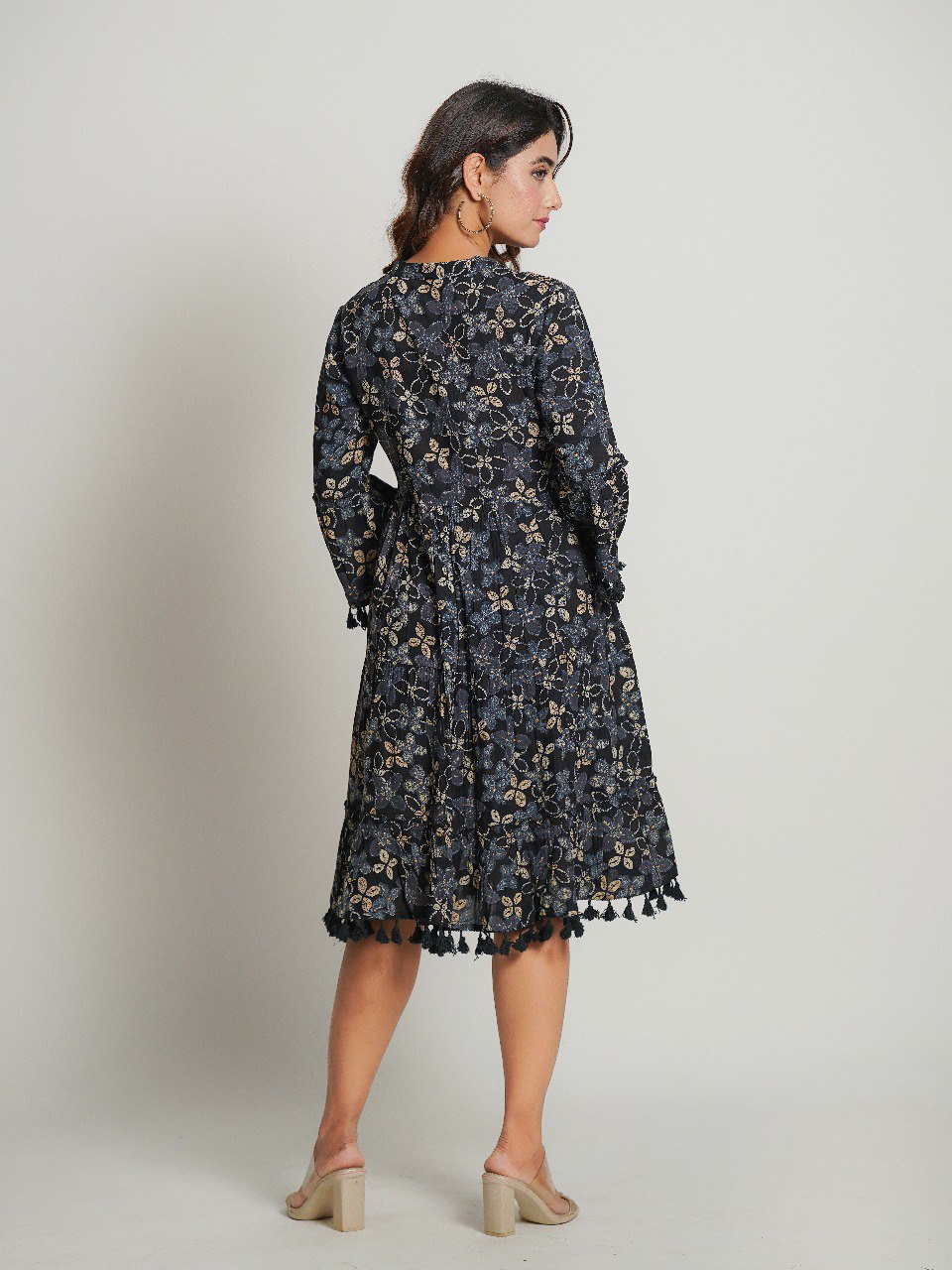 Gray Printed Cotton Midi Dress
