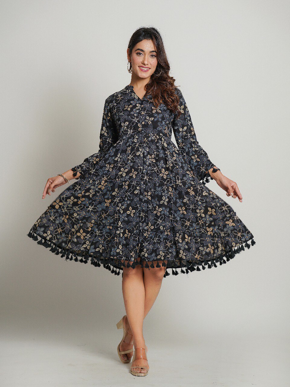 Gray Printed Cotton Midi Dress