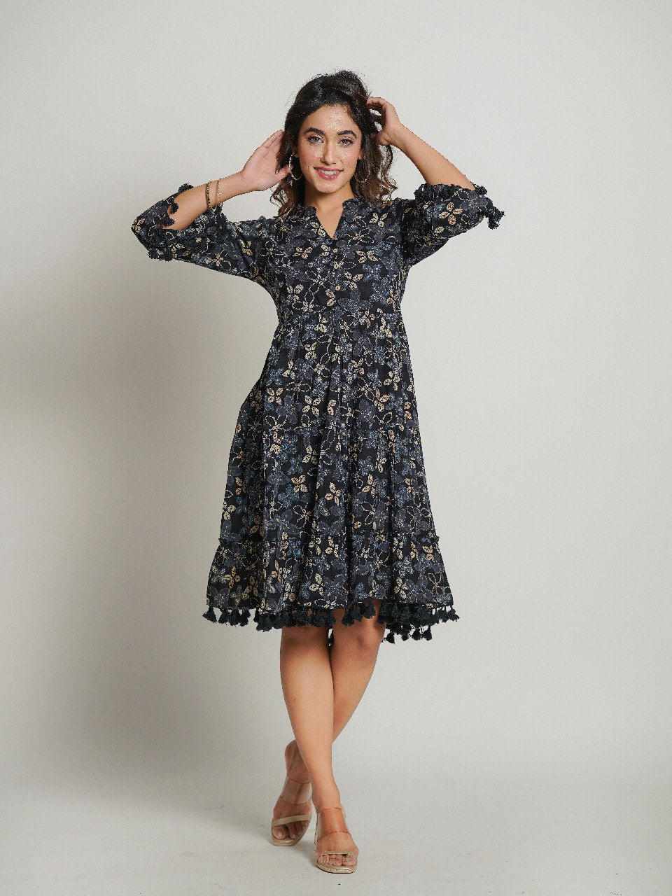 Gray Printed Cotton Midi Dress