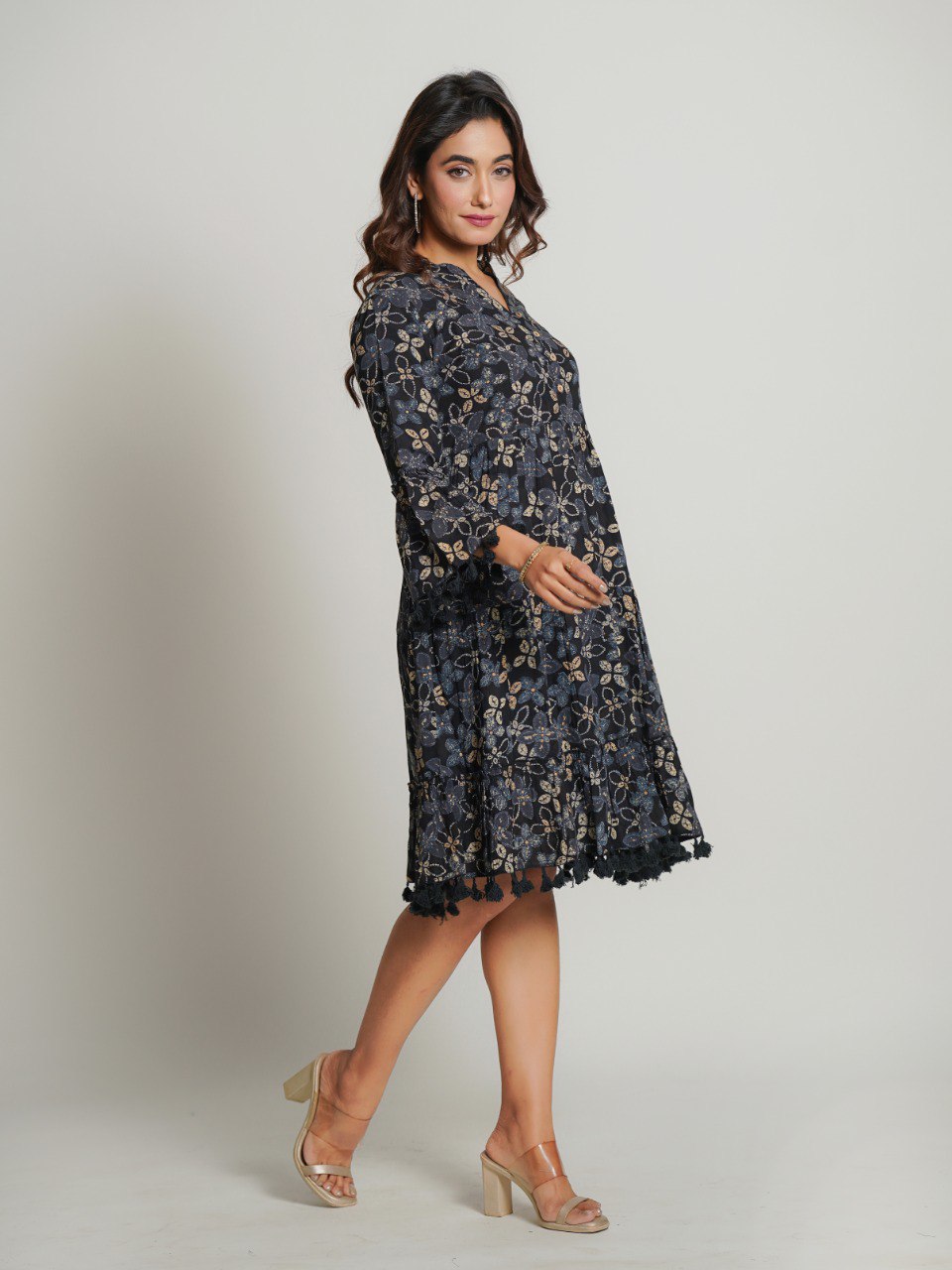 Gray Printed Cotton Midi Dress