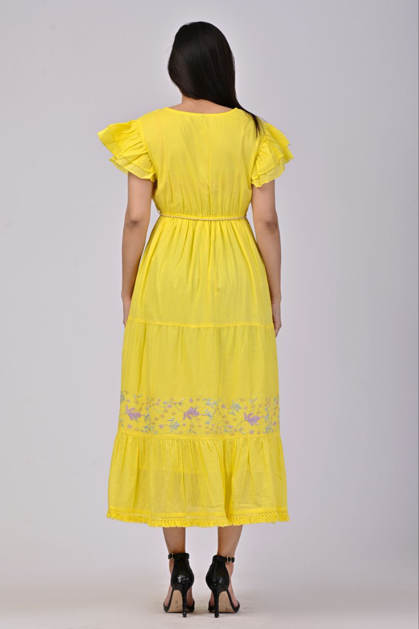 Soft Yellow Flared dress with Braided belt