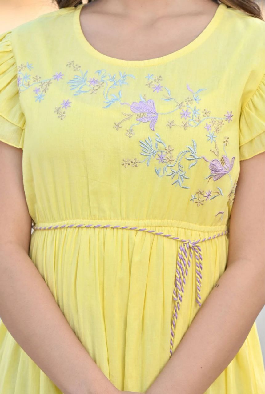 Soft Yellow Flared dress with Braided belt