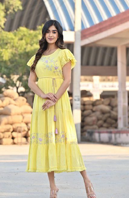 Soft Yellow Flared dress with Braided belt