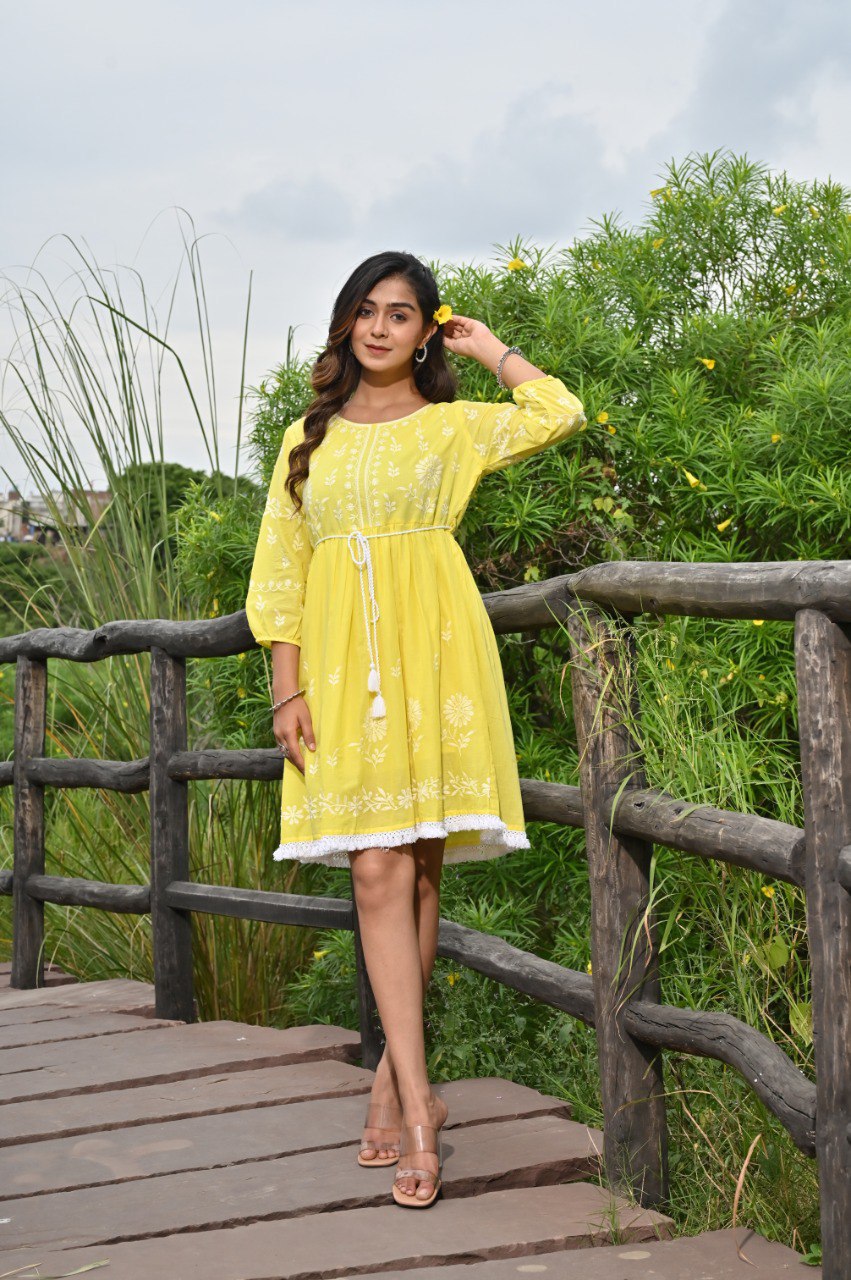 Yellow Embroidered Mini Dress