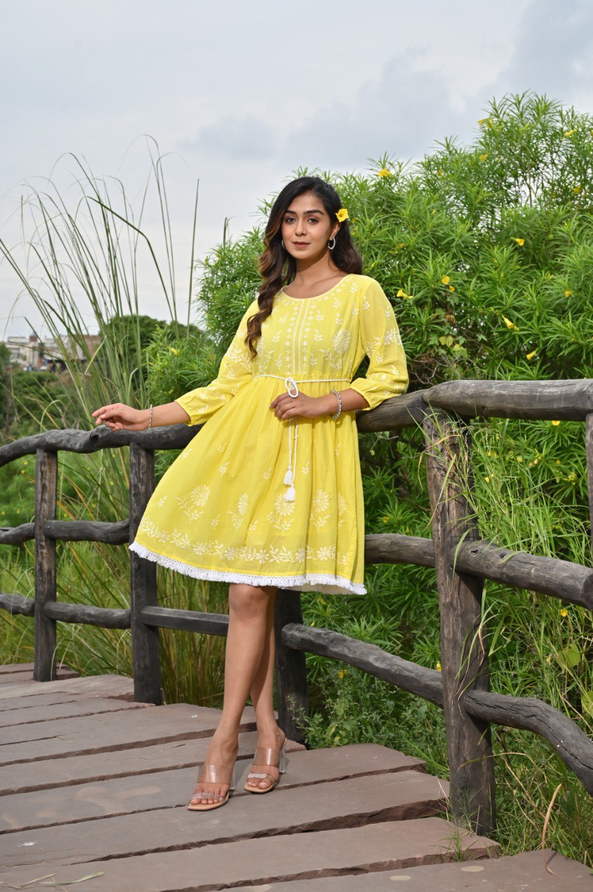 Yellow Embroidered Mini Dress