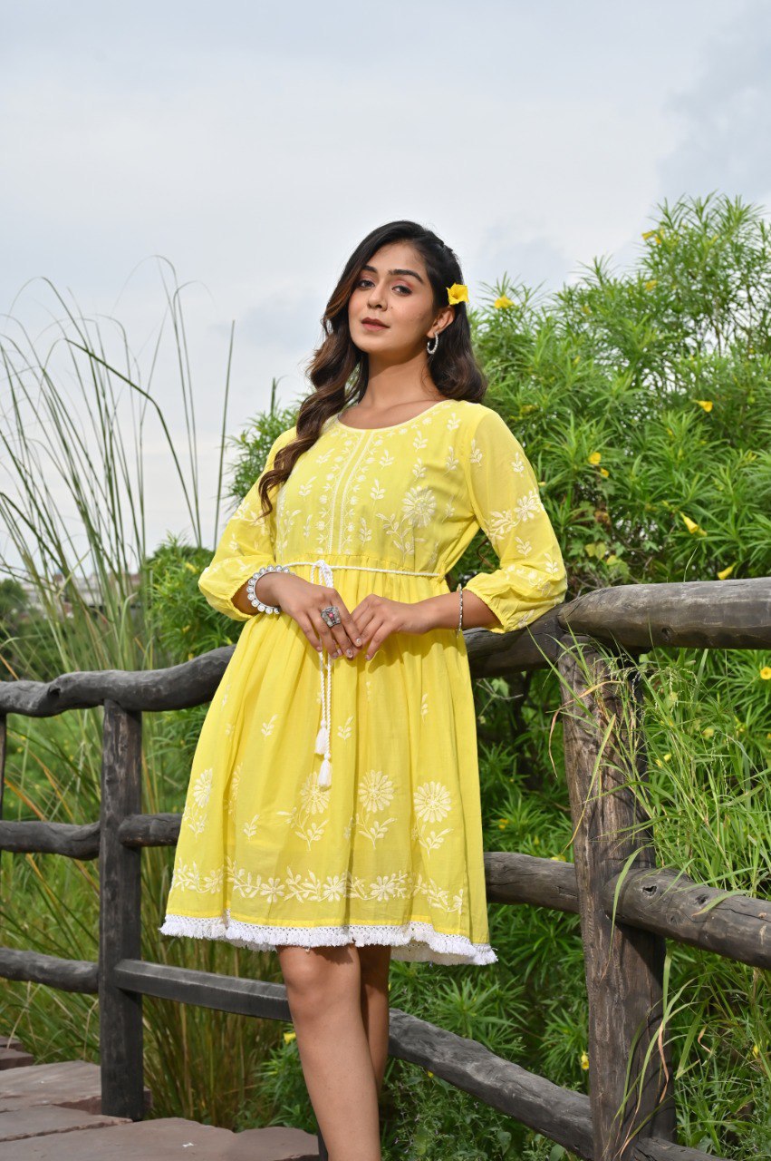 Yellow Embroidered Mini Dress