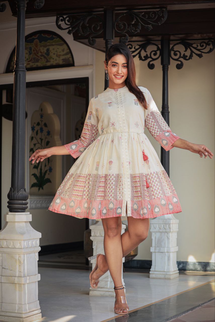 Flared Floral White Mini Dress