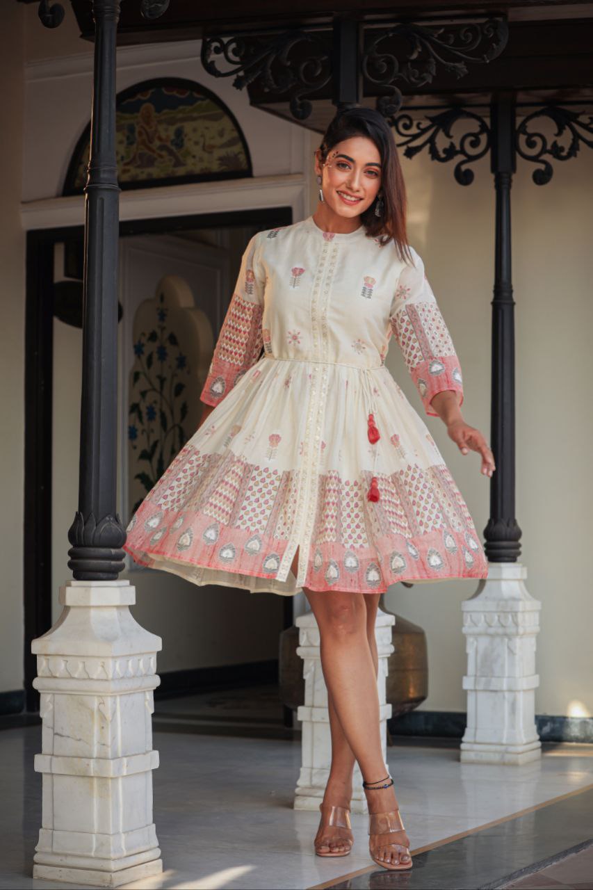Flared Floral White Mini Dress