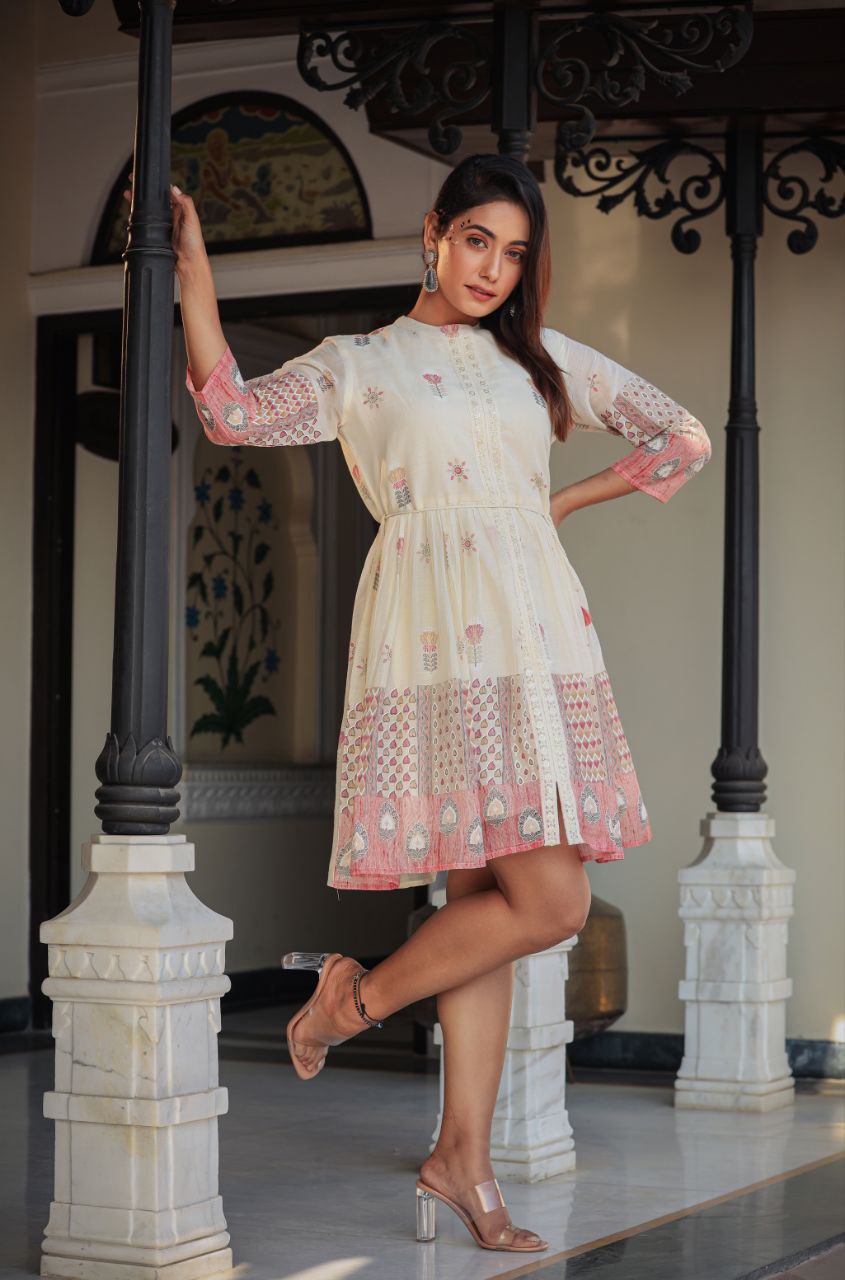 Flared Floral White Mini Dress