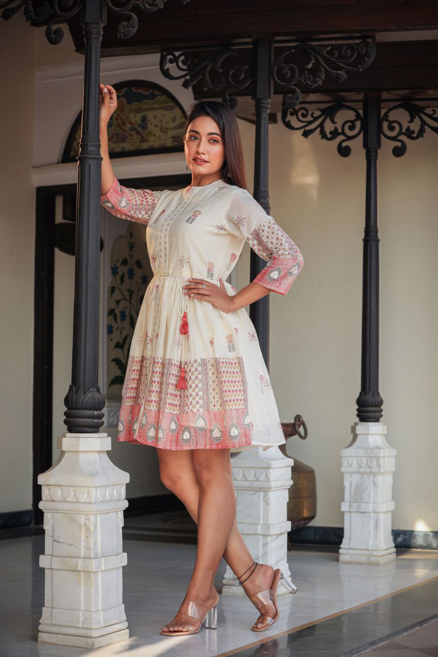 Flared Floral White Mini Dress